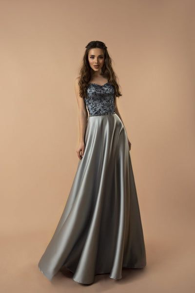 Elegant Embellished Grey and Blue V-Neck Tulle Gown with Cinched Waist and Flowing Skirt - A Line Wedding Dress Plus Size - WonderlandByLilian