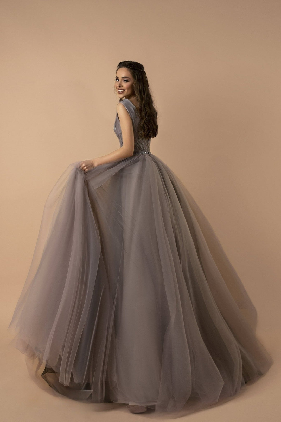 Elegant Embellished V-Neck Grey Tulle Gown with Cinched Waist and Flowing Skirt - A Line Wedding Dress Plus Size - WonderlandByLilian