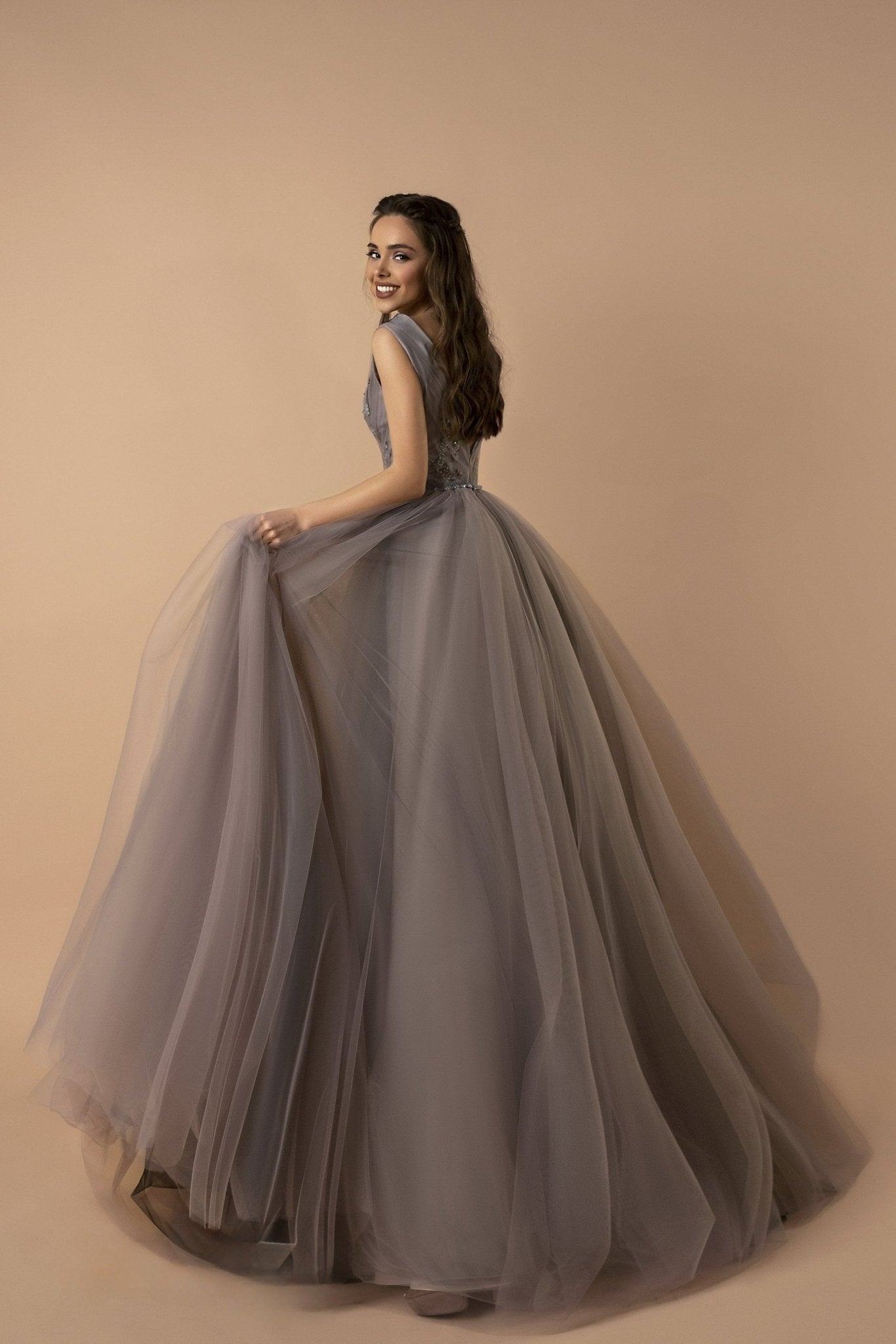 Elegant Embellished V-Neck Grey Tulle Gown with Cinched Waist and Flowing Skirt - A Line Wedding Dress Plus Size - WonderlandByLilian