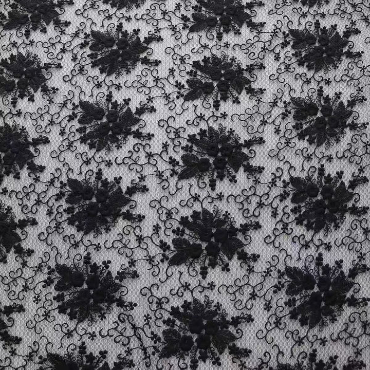 Elegant Embroidered Mesh Lace Fabric in Black for Women’s Dresses, Qipao, Tablecloths, Curtain Decorations, and DIY Projects - WonderlandByLilian