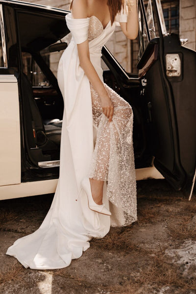 Elegant Fish Silhouette Satin Wedding Dress with Pearl Design Versatile Straps Plus Size - COSTANZA - WonderlandByLilian