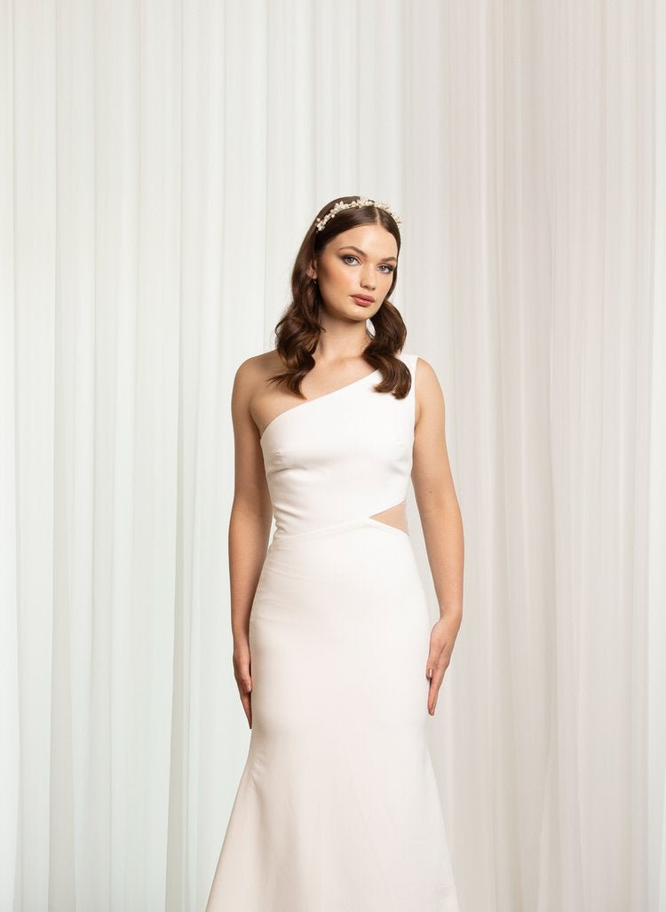 Elegant Fit-and-Flare Wedding Gown with Asymmetric Neckline Plus Size - LUCY - WonderlandByLilian