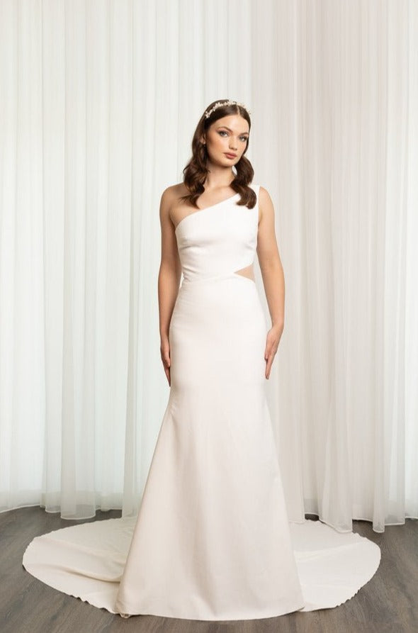 Elegant Fit-and-Flare Wedding Gown with Asymmetric Neckline Plus Size - LUCY - WonderlandByLilian