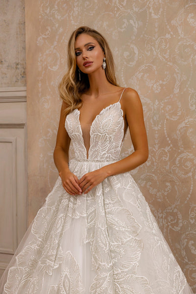 Elegant Floral A-Line Bridal Gown with Lace Detailing and Flattering Silhouette - WonderlandByLilian
