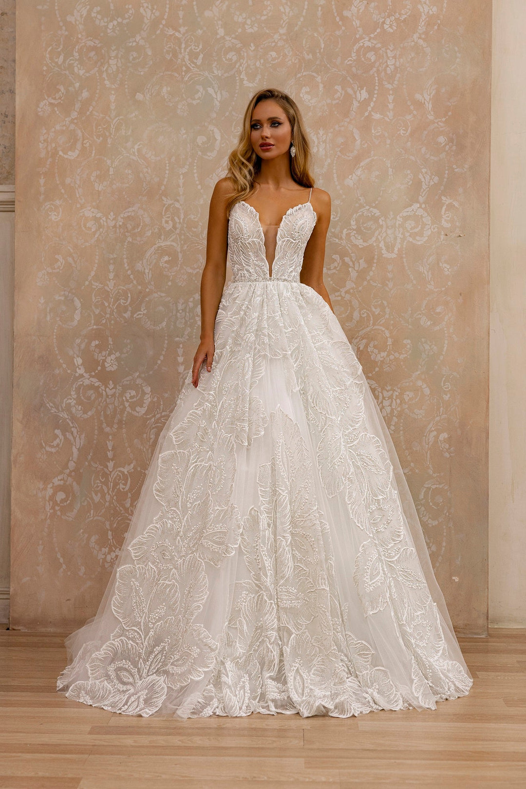 Elegant Floral A-Line Bridal Gown with Lace Detailing and Flattering Silhouette - WonderlandByLilian