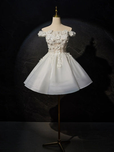 Elegant Floral Appliqué Short Wedding Party Dress - Off-Shoulder Lace Corset Wedding Dress Plus Size - WonderlandByLilian