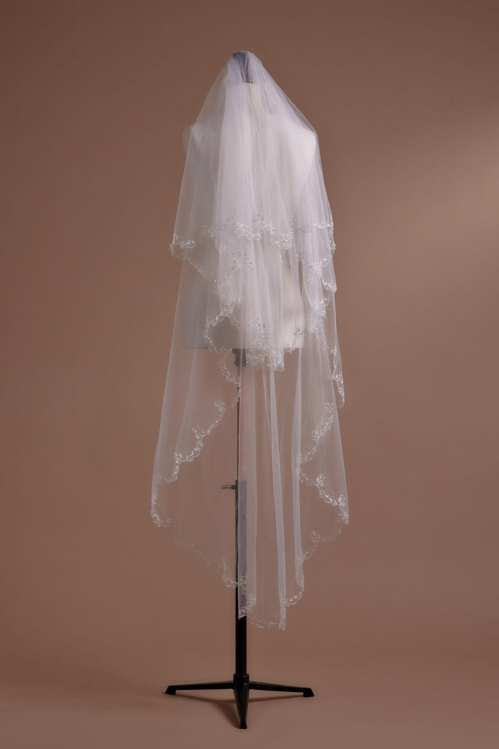 Elegant Floral Embroidered Cathedral Veil with Scalloped Hem and Soft Tulle - WonderlandByLilian