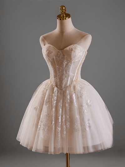 Elegant Floral Short Wedding Party Dress - Embroidered Tulle Dress - Strapless Corset Bridal Gown Plus Size - WonderlandByLilian