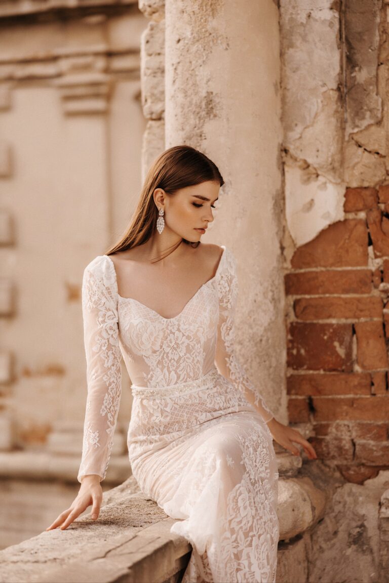 Elegant French Lace Wedding Dress with Belted Waist and Long Sleeves Plus Size - DAMIANO - WonderlandByLilian