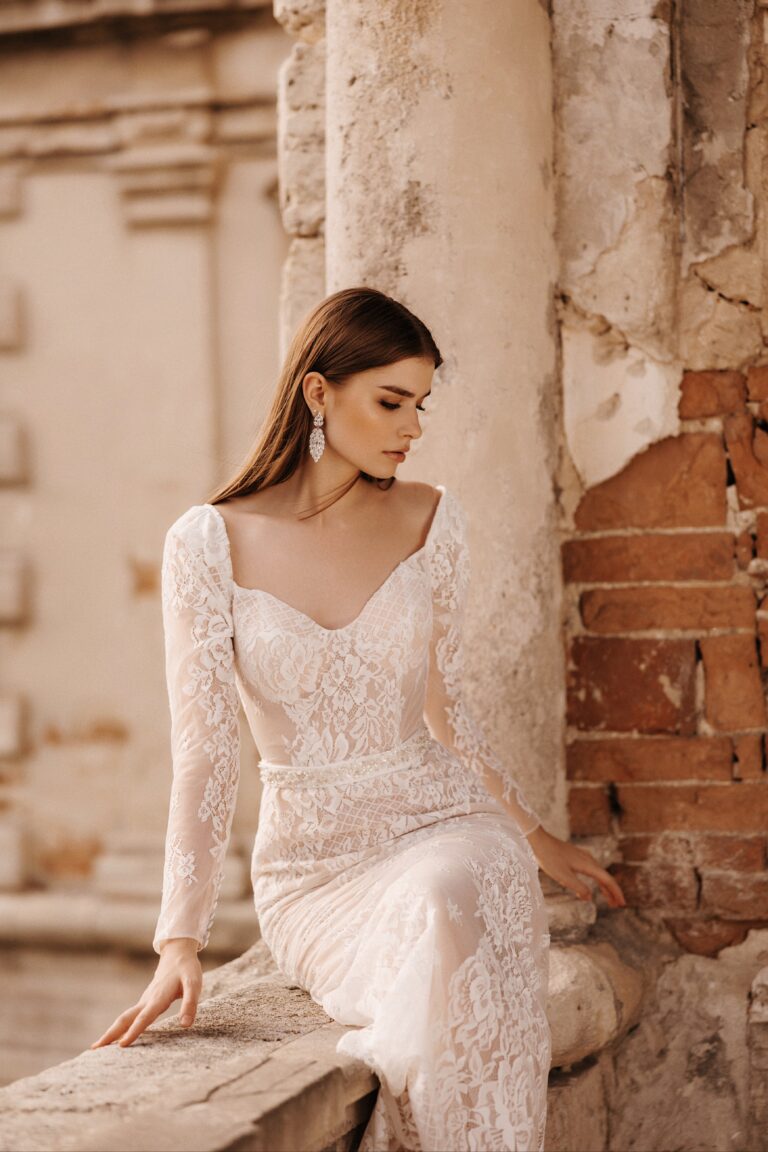 Elegant French Lace Wedding Dress with Belted Waist and Long Sleeves P WonderlandByLilian Elegant French Lace Wedding Dress with Belted Waist and Long Sleeves P WonderlandByLilian
