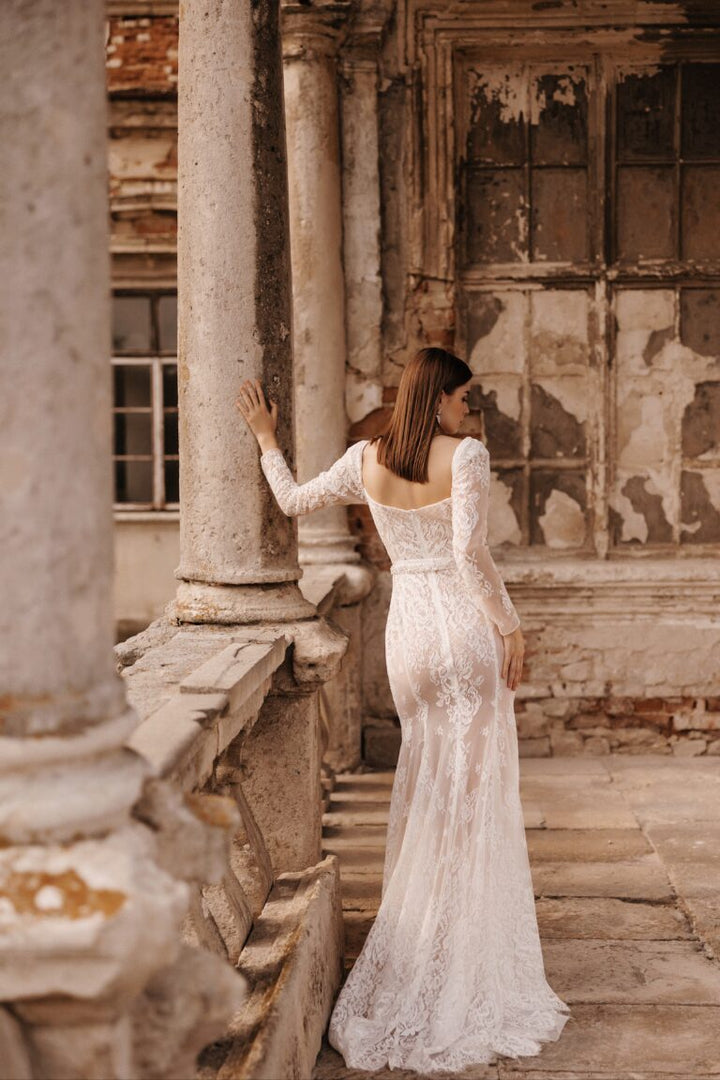 Elegant French Lace Wedding Dress with Belted Waist and Long Sleeves Plus Size - DAMIANO - WonderlandByLilian