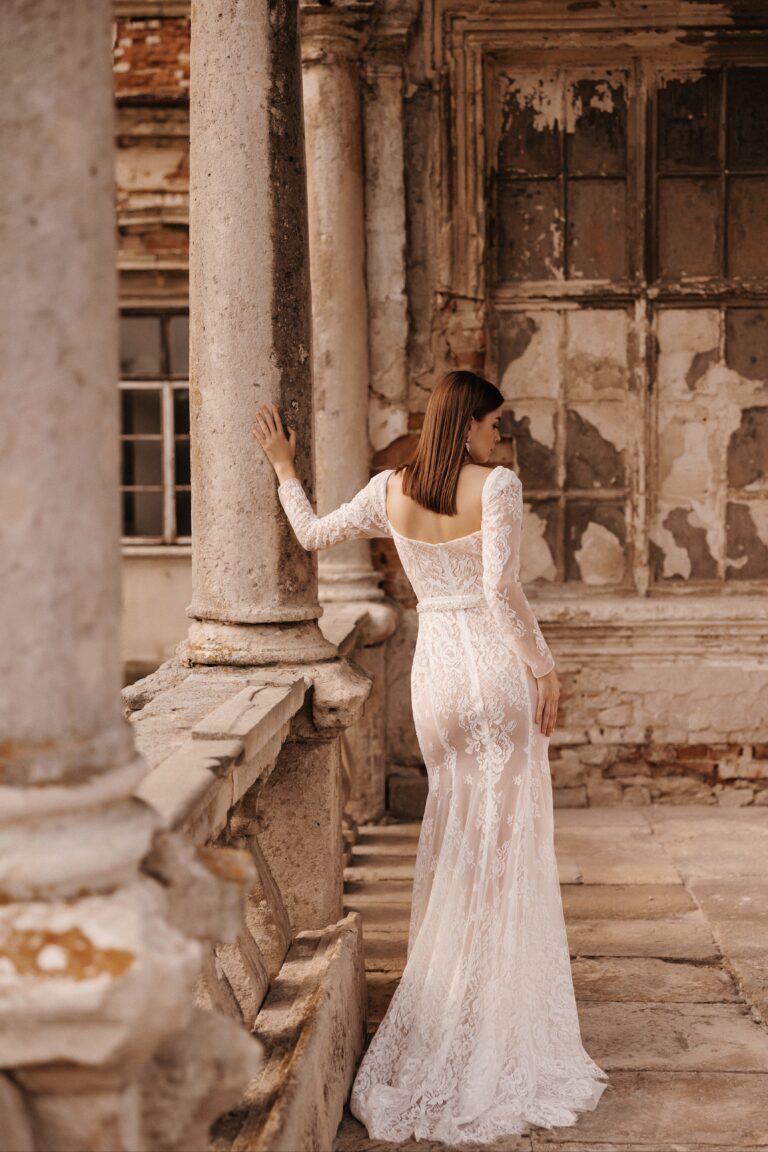 Elegant French Lace Wedding Dress with Belted Waist and Long Sleeves Plus Size - DAMIANO - WonderlandByLilian