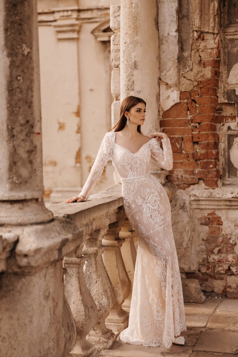 Elegant French Lace Wedding Dress with Belted Waist and Long Sleeves Plus Size - DAMIANO - WonderlandByLilian