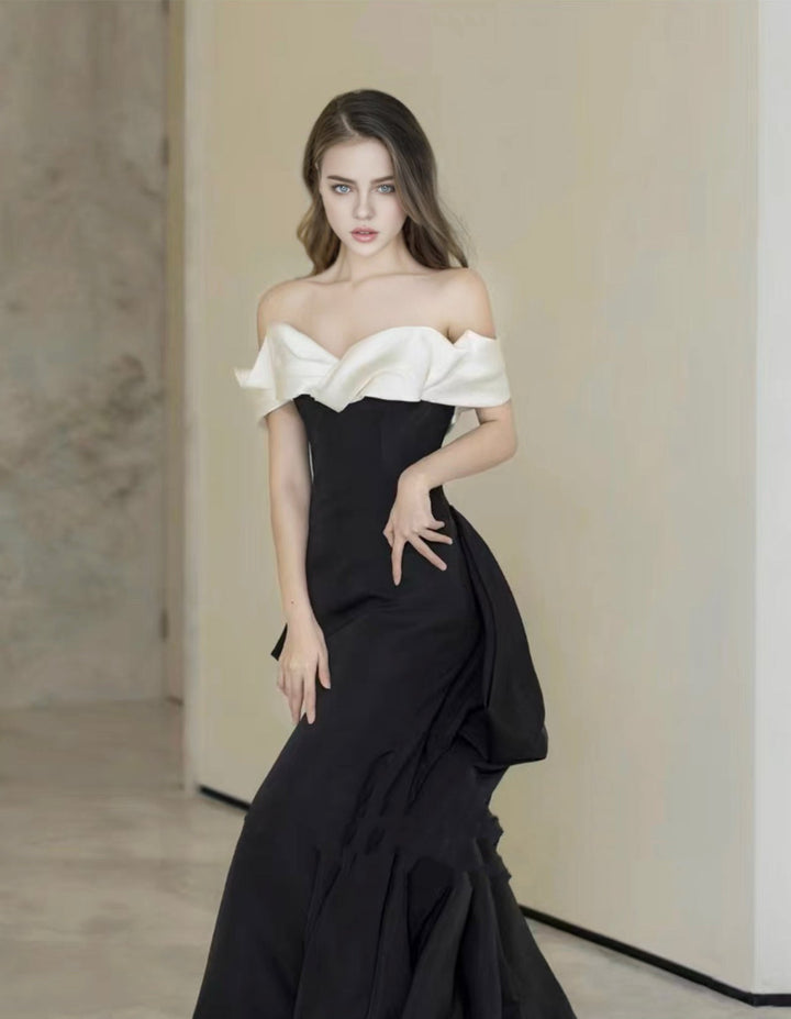 Elegant Gothic Black and White Evening Gown with Off-Shoulder Design Plus Size - WonderlandByLilian