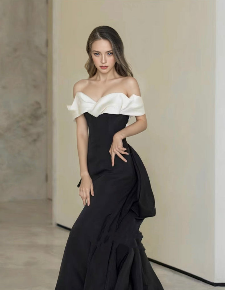 Elegant Gothic Black and White Evening Gown with Off-Shoulder Design Plus Size