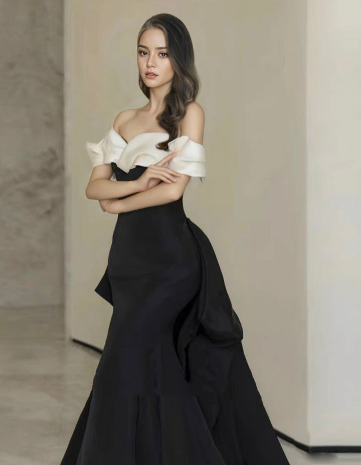 Elegant Gothic Black and White Evening Gown with Off-Shoulder Design Plus Size
