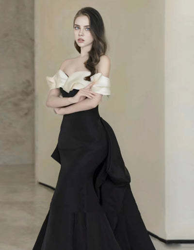 Elegant Gothic Black and White Evening Gown with Off-Shoulder Design Plus Size - WonderlandByLilian