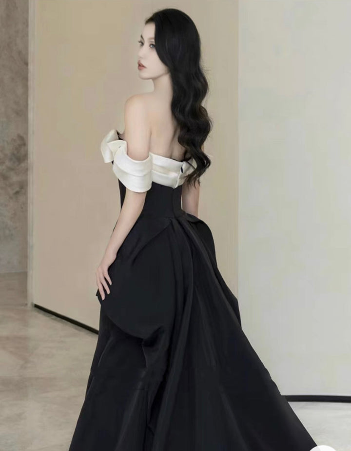 Elegant Gothic Black and White Evening Gown with Off-Shoulder Design Plus Size - WonderlandByLilian