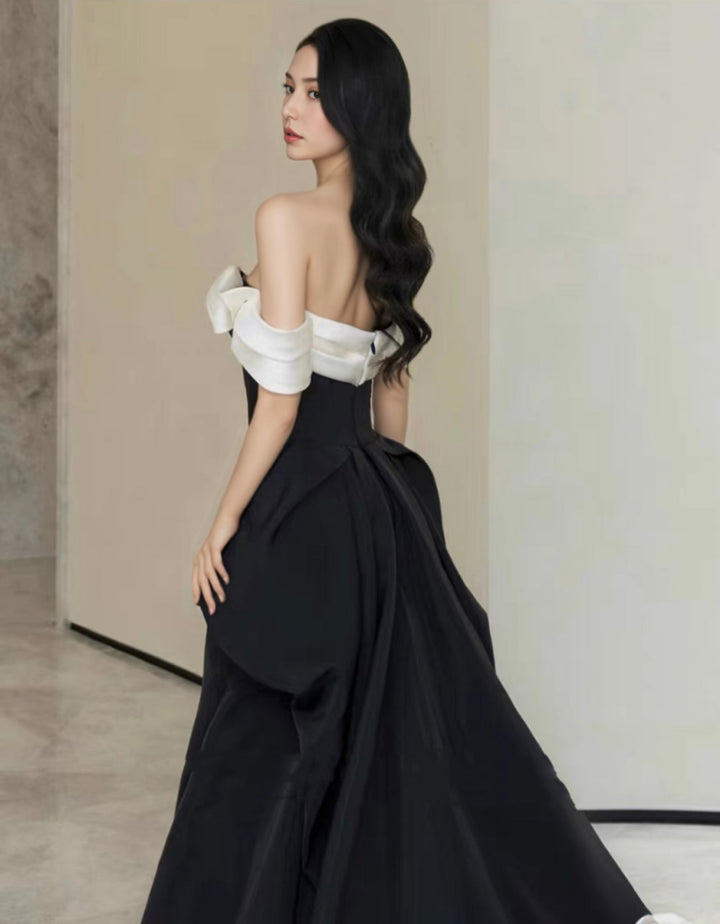 Elegant Gothic Black and White Evening Gown with Off-Shoulder Design Plus Size