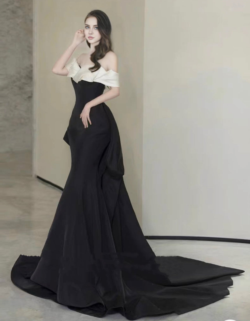 Elegant Gothic Black and White Evening Gown with Off-Shoulder Design Plus Size - WonderlandByLilian