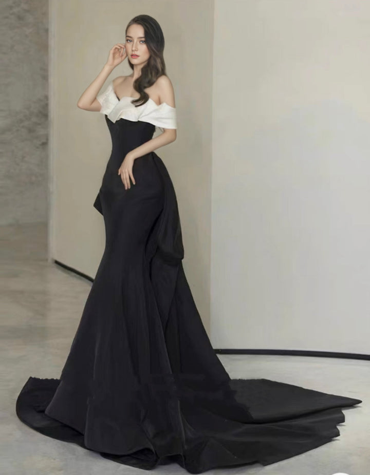 Elegant Gothic Black and White Evening Gown with Off-Shoulder Design Plus Size