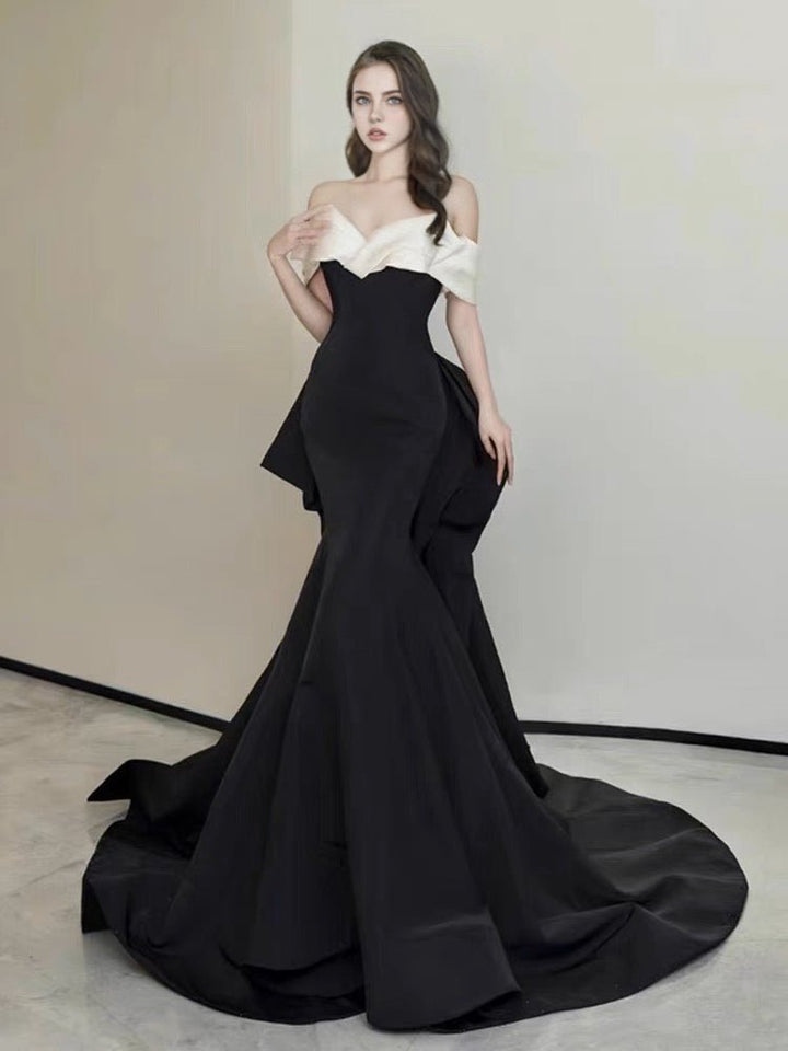 Elegant Gothic Black and White Evening Gown with Off-Shoulder Design Plus Size - WonderlandByLilian