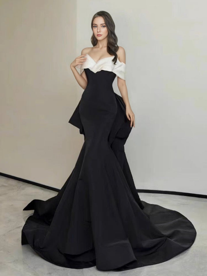 Elegant Gothic Black and White Evening Gown with Off-Shoulder Design Plus Size