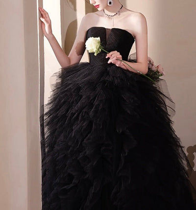 Elegant Gothic Black Tulle Ball Gown - Layered Tulle Ruffle Dress Plus Size - WonderlandByLilian