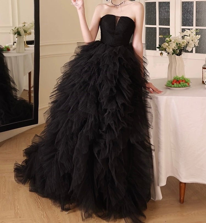 Elegant Gothic Black Tulle Ball Gown - Layered Tulle Ruffle Dress Plus Size - WonderlandByLilian