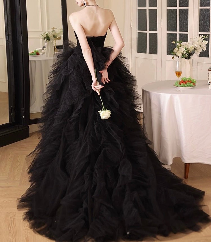 Elegant Gothic Black Tulle Ball Gown - Layered Tulle Ruffle Dress Plus Size - WonderlandByLilian