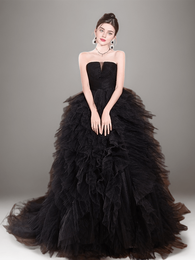 Elegant Gothic Black Tulle Ball Gown - Layered Tulle Ruffle Dress Plus Size - WonderlandByLilian