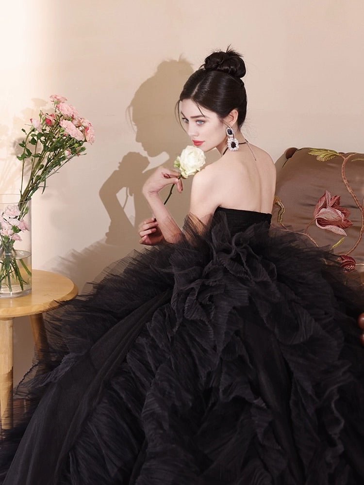 Elegant Gothic Black Tulle Ball Gown - Layered Tulle Ruffle Dress Plus Size - WonderlandByLilian