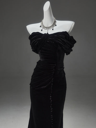 Elegant Gothic Black Velvet Evening Gown - Off-Shoulder Ruched Evening Dress with Corset Plus Size - WonderlandByLilian