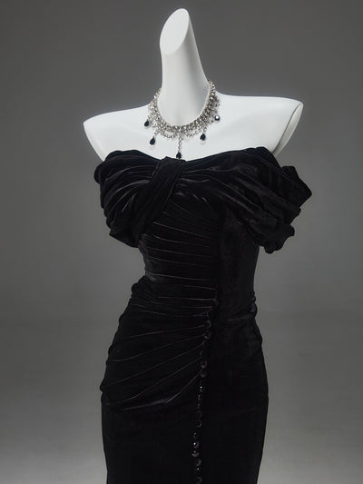 Elegant Gothic Black Velvet Evening Gown - Off-Shoulder Ruched Evening Dress with Corset Plus Size - WonderlandByLilian