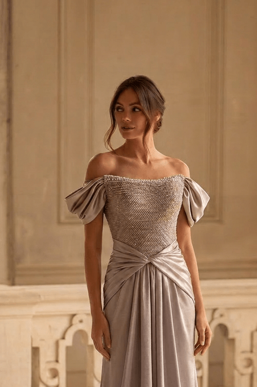 Elegant Gray - Brown Satin Off - Shoulder Evening Gown with Puff Sleeves & Corset Bodice – Luxe Formal Ball Gown Plus Size - WonderlandByLilian