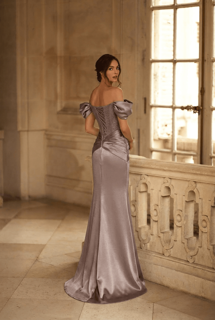 Elegant Gray - Brown Satin Off - Shoulder Evening Gown with Puff Sleeves & Corset Bodice – Luxe Formal Ball Gown Plus Size - WonderlandByLilian