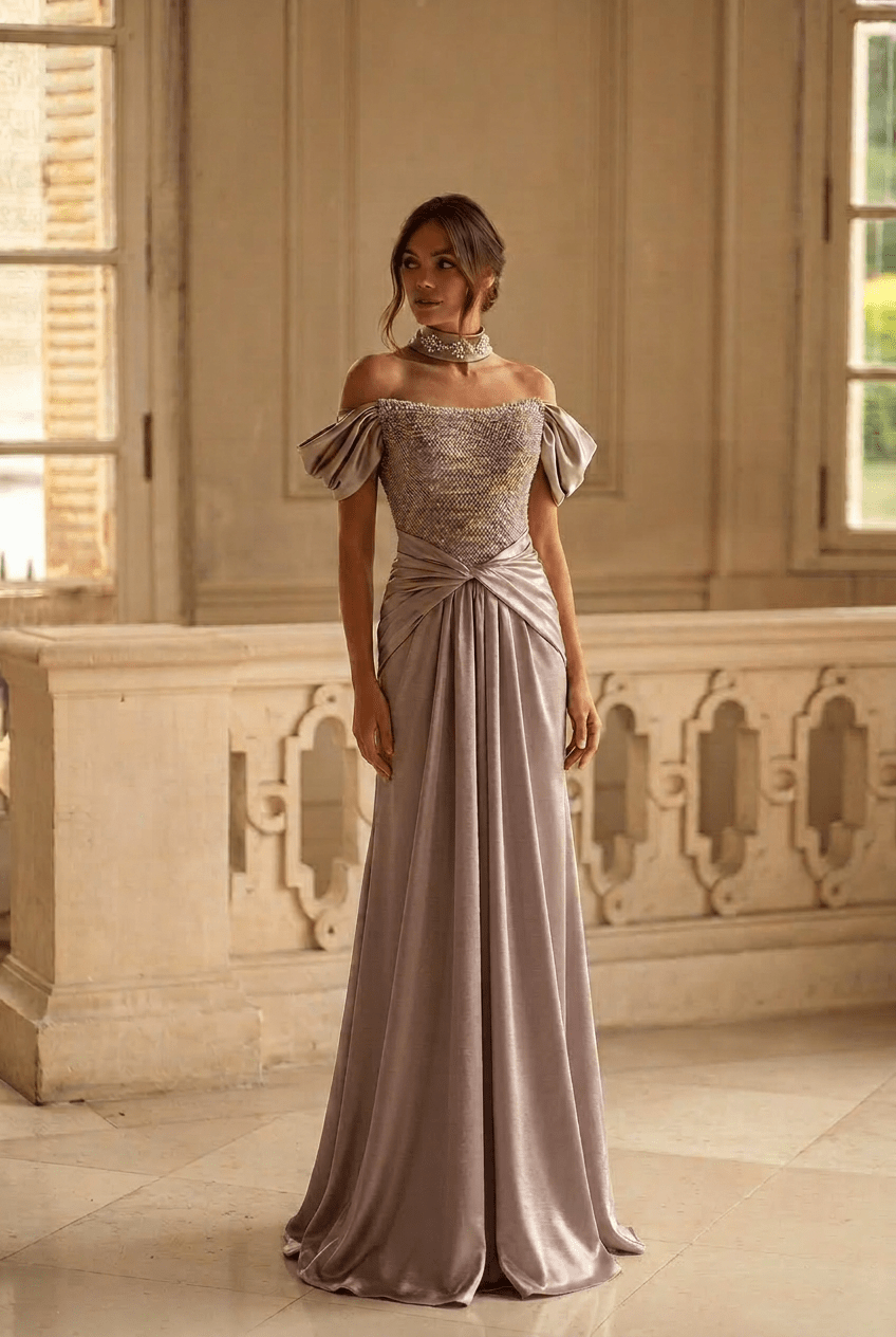 Elegant Gray - Brown Satin Off - Shoulder Evening Gown with Puff Sleeves & Corset Bodice – Luxe Formal Ball Gown Plus Size - WonderlandByLilian