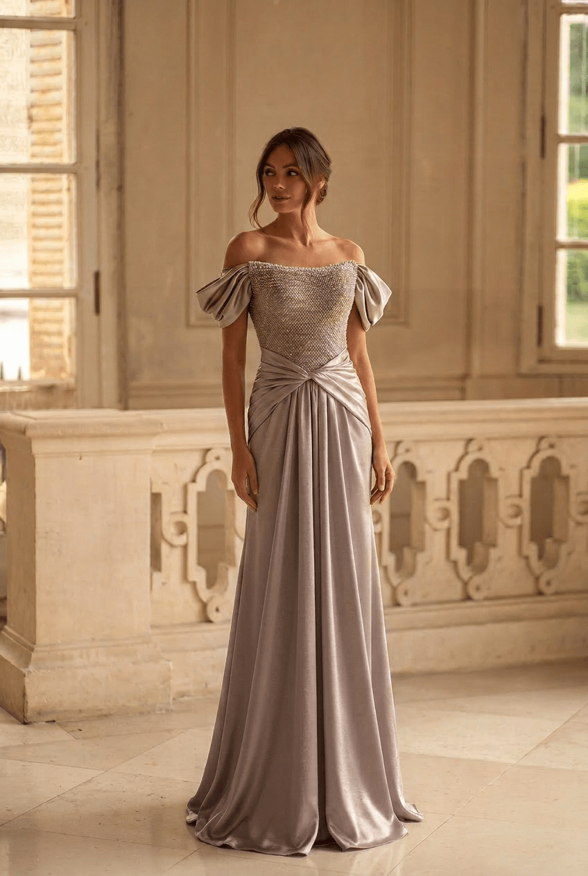 Elegant Gray - Brown Satin Off - Shoulder Evening Gown with Puff Sleeves & Corset Bodice – Luxe Formal Ball Gown Plus Size - WonderlandByLilian