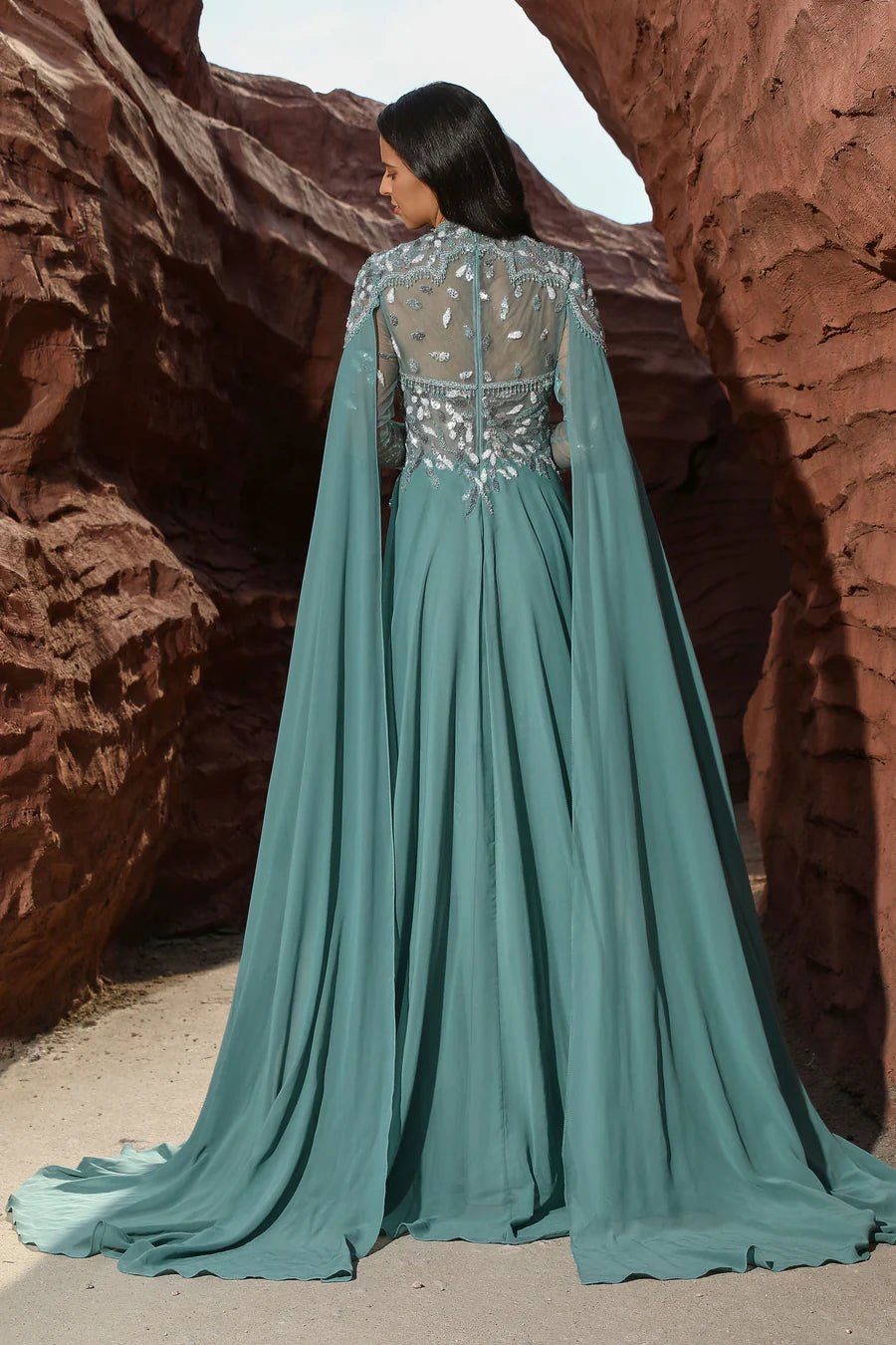 Elegant Green Chiffon Evening Gown with Cape Sleeves - Embellished Dress and Pretty Sequin Dress Plus Size - WonderlandByLilian