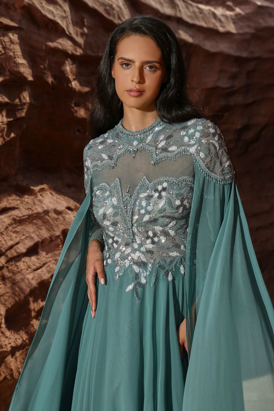 Elegant Teal Green Chiffon Evening Gown with Cape Sleeves - Embellished Dress and Pretty Sequin Dress Plus Size US 22 / Teal Green Elegant Teal Green Chiffon Evening Gown with Cape Sleeves - Embellished Dress and Pretty Sequin Dress Plus Size US 22 / Teal Green