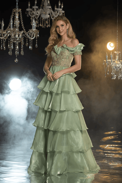 Elegant Green Pretty Sequin Dress and Tiered Evening Gown with Off-Shoulder Ruffled Bodice - Layered Tulle Ruffle Dress Plus Size - WonderlandByLilian