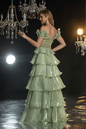 Elegant Green Pretty Sequin Dress and Tiered Evening Gown with Off-Shoulder Ruffled Bodice - Layered Tulle Ruffle Dress Plus Size - WonderlandByLilian