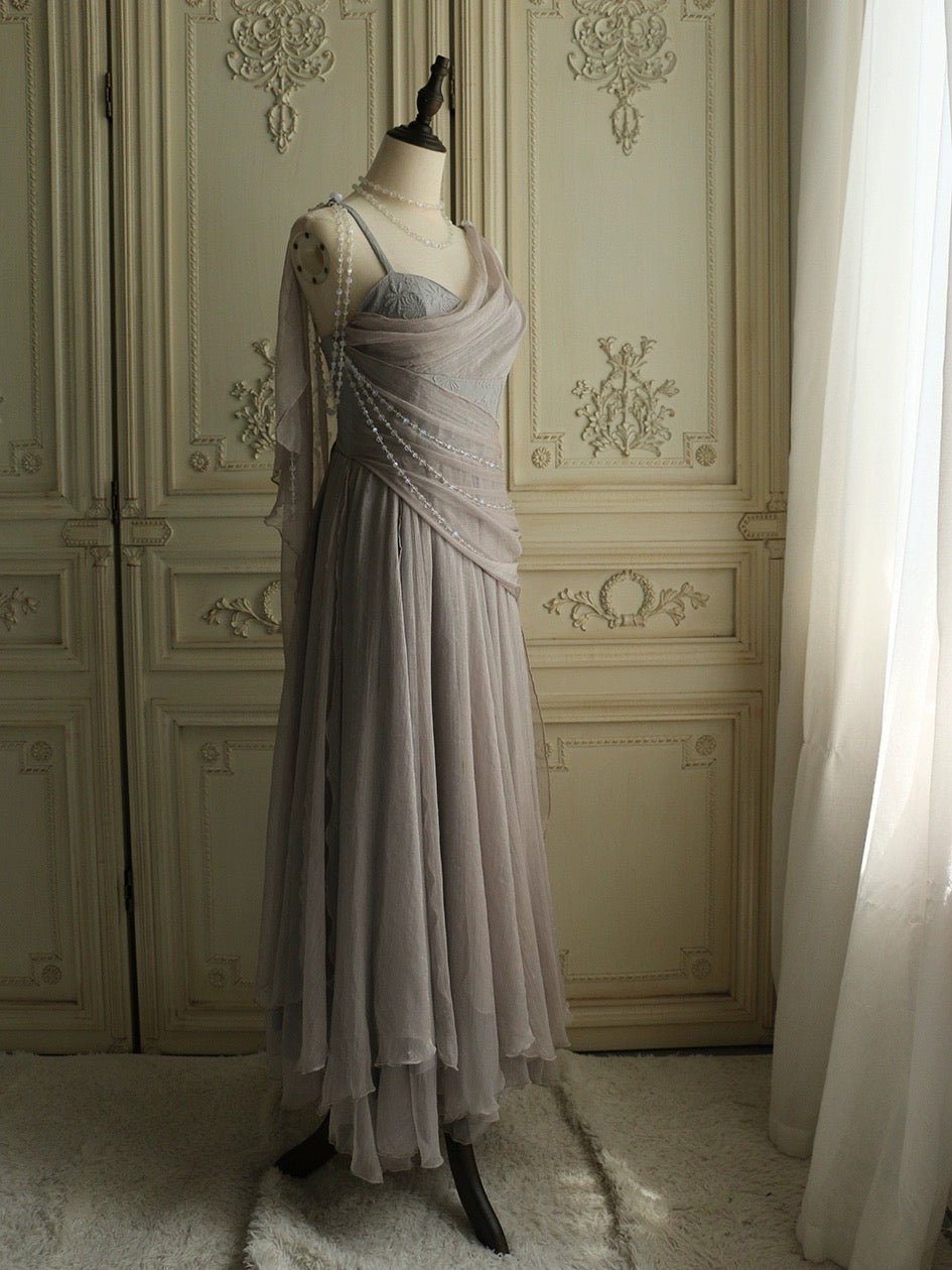 Elegant Grey Fantasy Dress - Fairy Evening Dress with Draped Pearls Plus Size - WonderlandByLilian