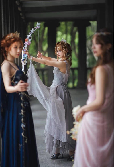 Elegant Grey Fantasy Dress - Fairy Evening Dress with Draped Pearls Plus Size - WonderlandByLilian