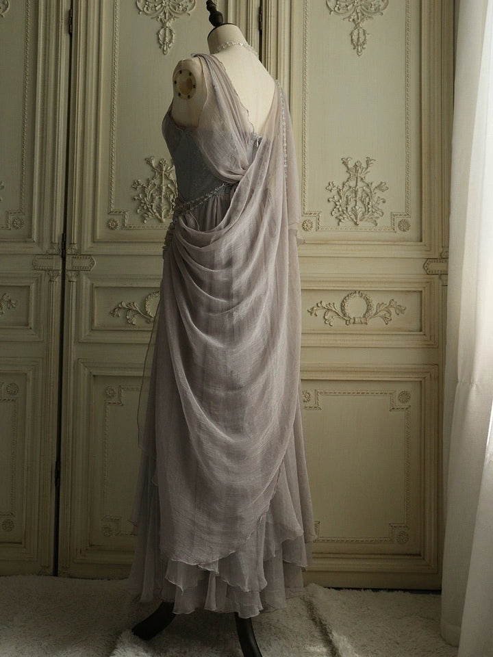 Elegant Grey Fantasy Dress - Fairy Evening Dress with Draped Pearls Plus Size - WonderlandByLilian