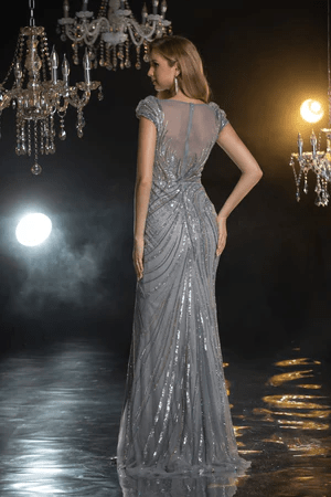 Elegant Grey Sequin Evening Gown with Floral Details and Cap Sleeves - Designer Sequin Gown and Glitter Dress Plus Size - WonderlandByLilian