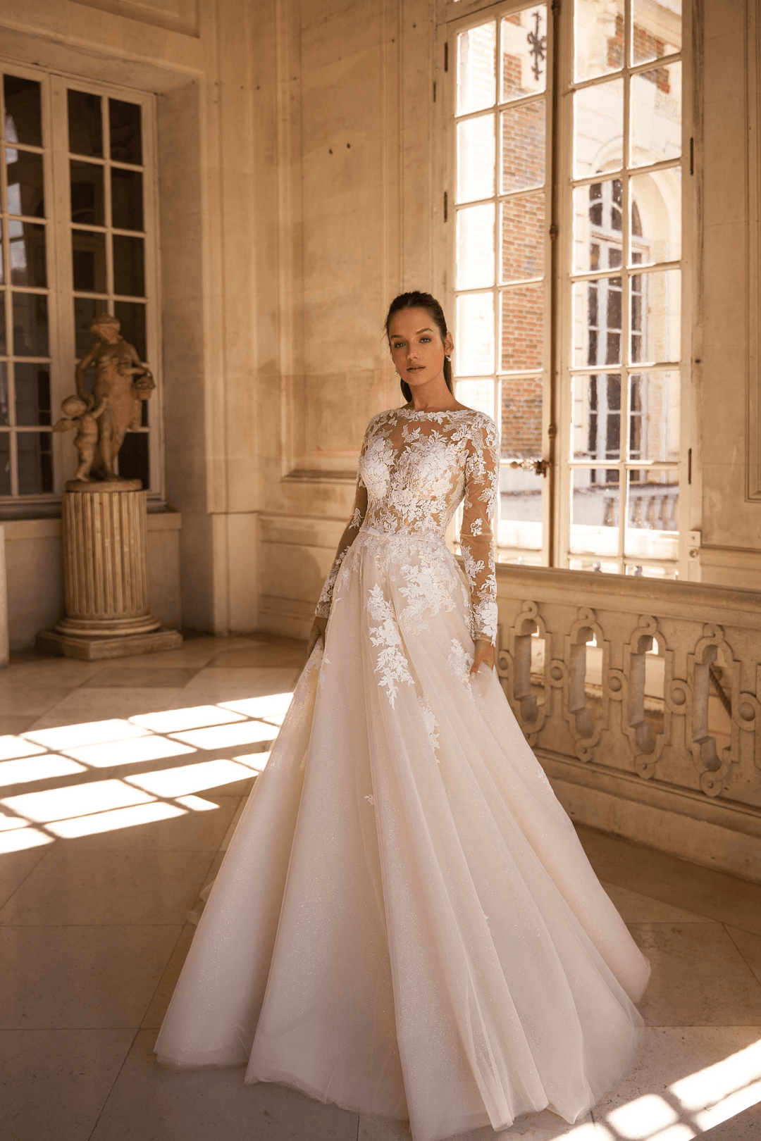 Elegant Ivory A-Line Wedding Dress - Floral Appliqué Corset Wedding Dress with Long Sleeves Plus Size - WonderlandByLilian