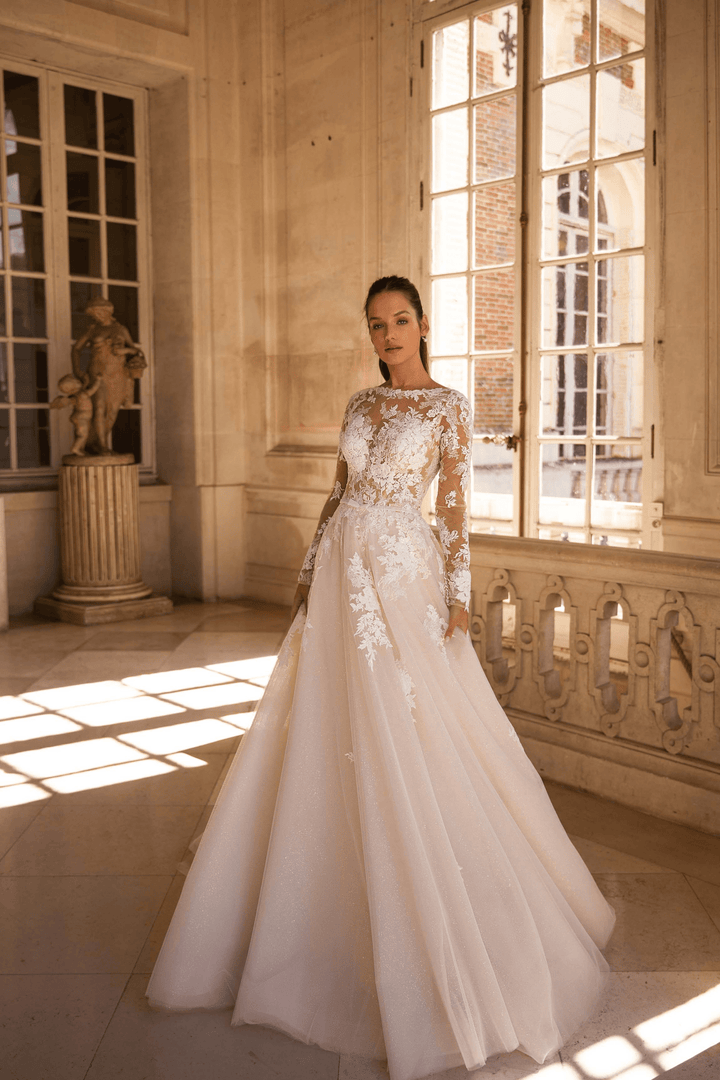 Elegant Ivory A-Line Wedding Dress - Floral Appliqué Corset Wedding Dress with Long Sleeves Plus Size - WonderlandByLilian
