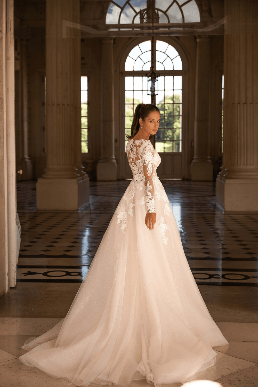 Elegant Ivory A-Line Wedding Dress - Floral Appliqué Corset Wedding Dress with Long Sleeves Plus Size - WonderlandByLilian