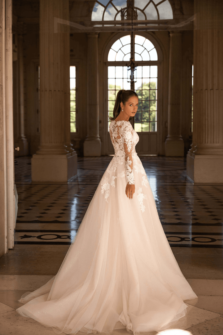 Elegant Ivory A-Line Wedding Dress - Floral Appliqué Corset Wedding Dress with Long Sleeves Plus Size - WonderlandByLilian